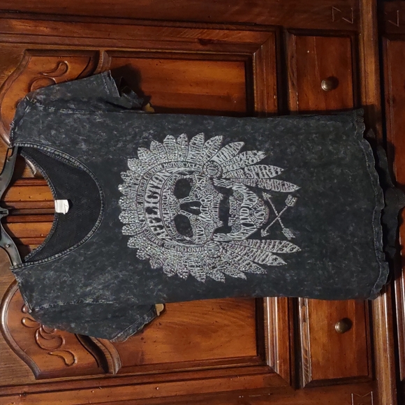 Affliction Tops - "Afflicton" brand. Distressed Indian skull bling T shirt. Size L.